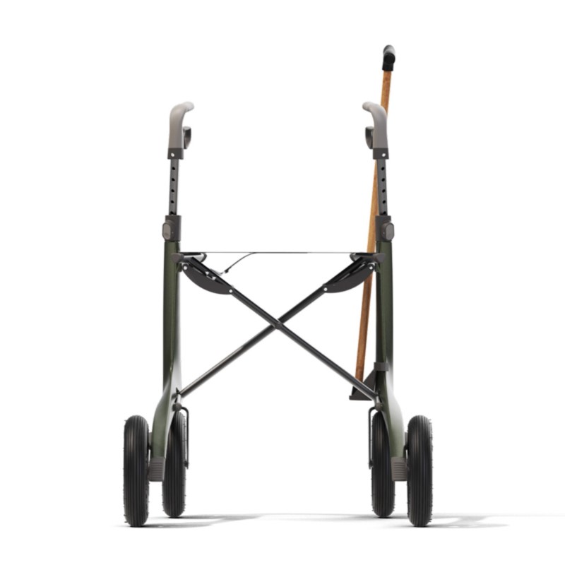 ACRE Rollator Modell Overland, Rückansicht eines Outdoorrollators in der Farbe Metallic-Braun mit Stockhalter rechts