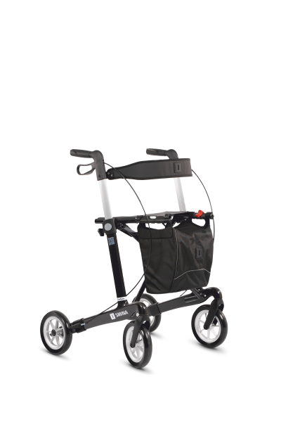 Modell Carlbon von SMINA, Carbon-Rollator, Farbe Carbon-Schwarz, mit Tasche, Rückengurt und Softbereifung, Seitenansicht links
