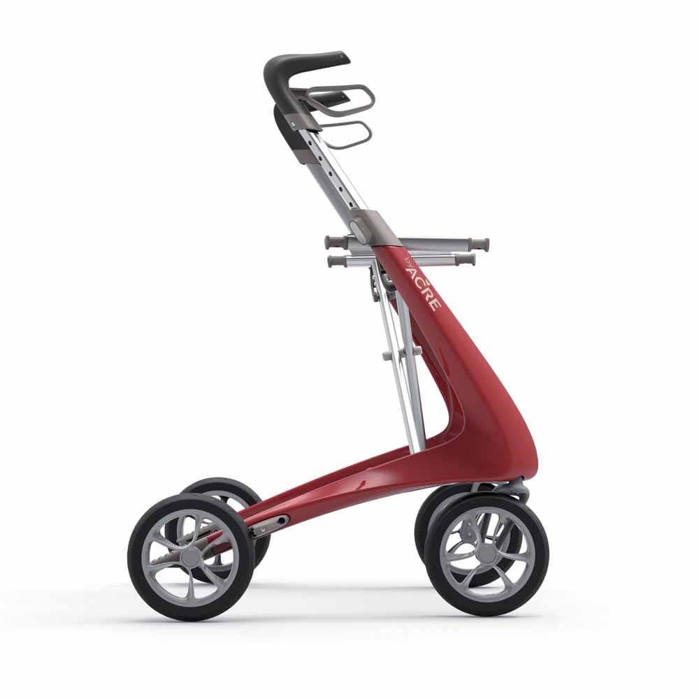 Acre Rollator Modell Ultralight, Seitenansicht eines Leichtgewichtrollators in der Farbe Rot ohne Tasche