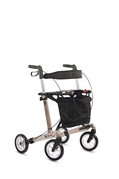 Modell Carlbon von SMINA, Carbon-Rollator, Farbe Champagner, mit Tasche, Rückengurt und Softbereifung, Seitenansicht, rechts