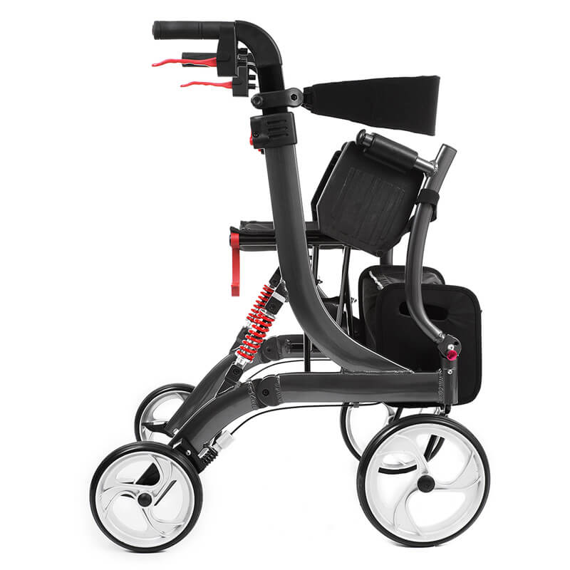 Modell Spring mit Variopaket von Bescomedical, Seitenansicht eines grauen Rollators mit hochgeklappten Fußstützen und Rückengurt