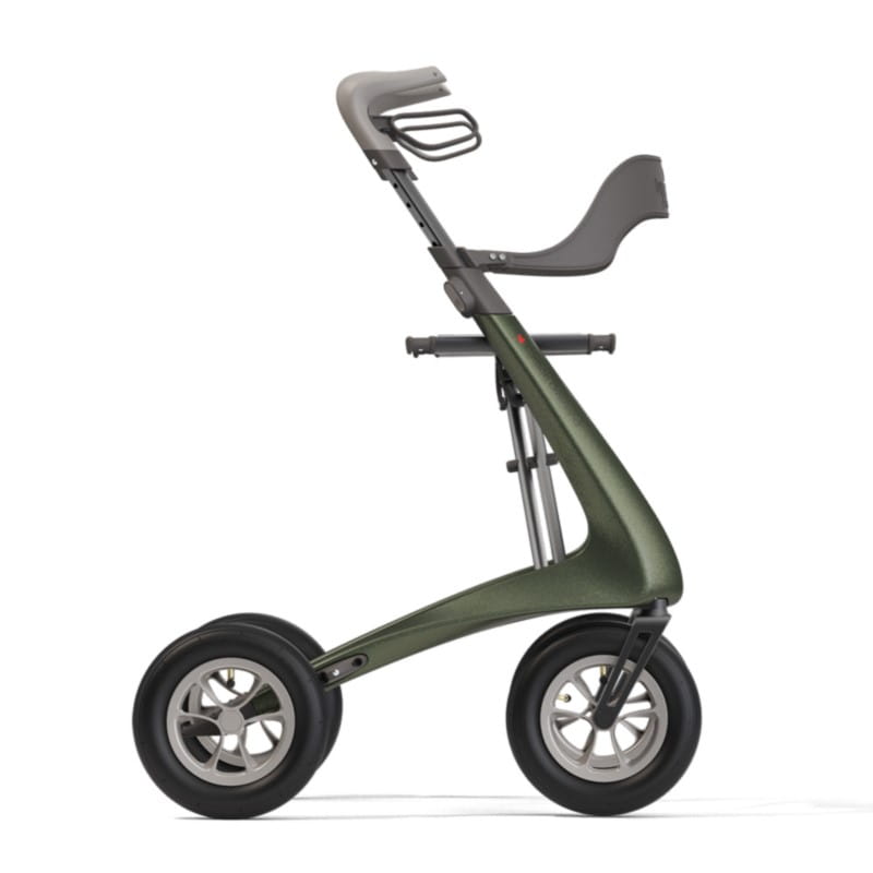 ACRE Rollator Modell Overland, Seitenansicht eines Outdoorrollators in der Farbe Metallic-Grün mit Rückengurt