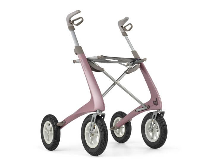 ACRE Rollator Modell Overland, Front-/Seitenansicht eines Outdoorrollators in der Farbe Gold-Rosé
