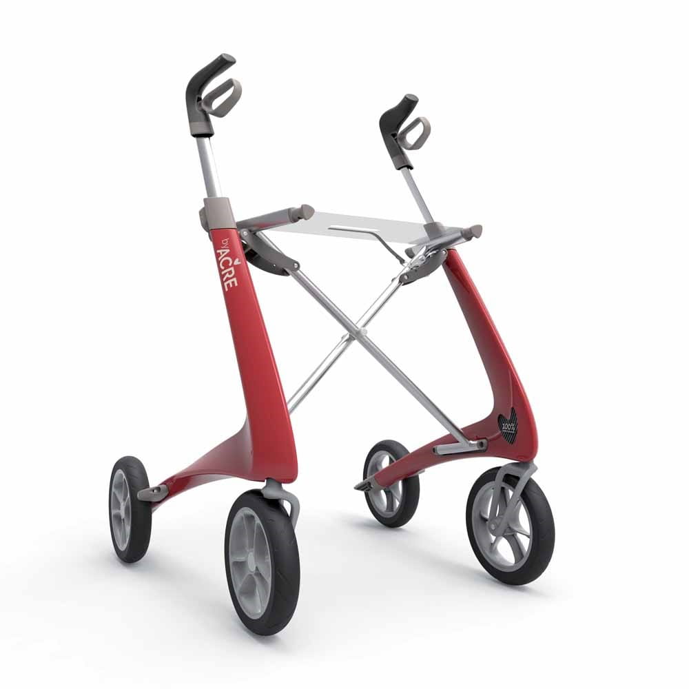 Acre Rollator Modell Ultralight, Front-/Seitenansicht eines Leichtgewichtrollators in der Farbe Rot ohne Tasche