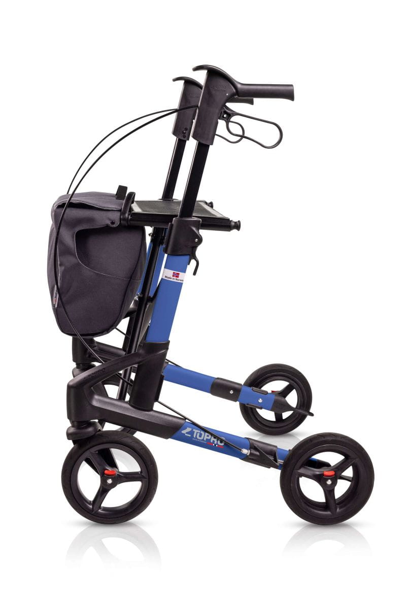 Modell Troja 5G Black series von Mobio, Seitenansicht eines Rollators in der Farbe Ozeanblau mit schwarzer geschlossener Tasche