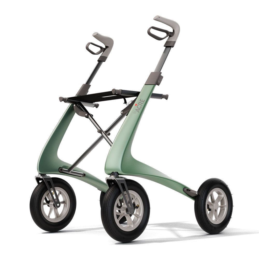 ACRE Rollator Modell Overland, Front-/Seitenansicht eines Outdoorrollators in der Farbe Metallic-Grün