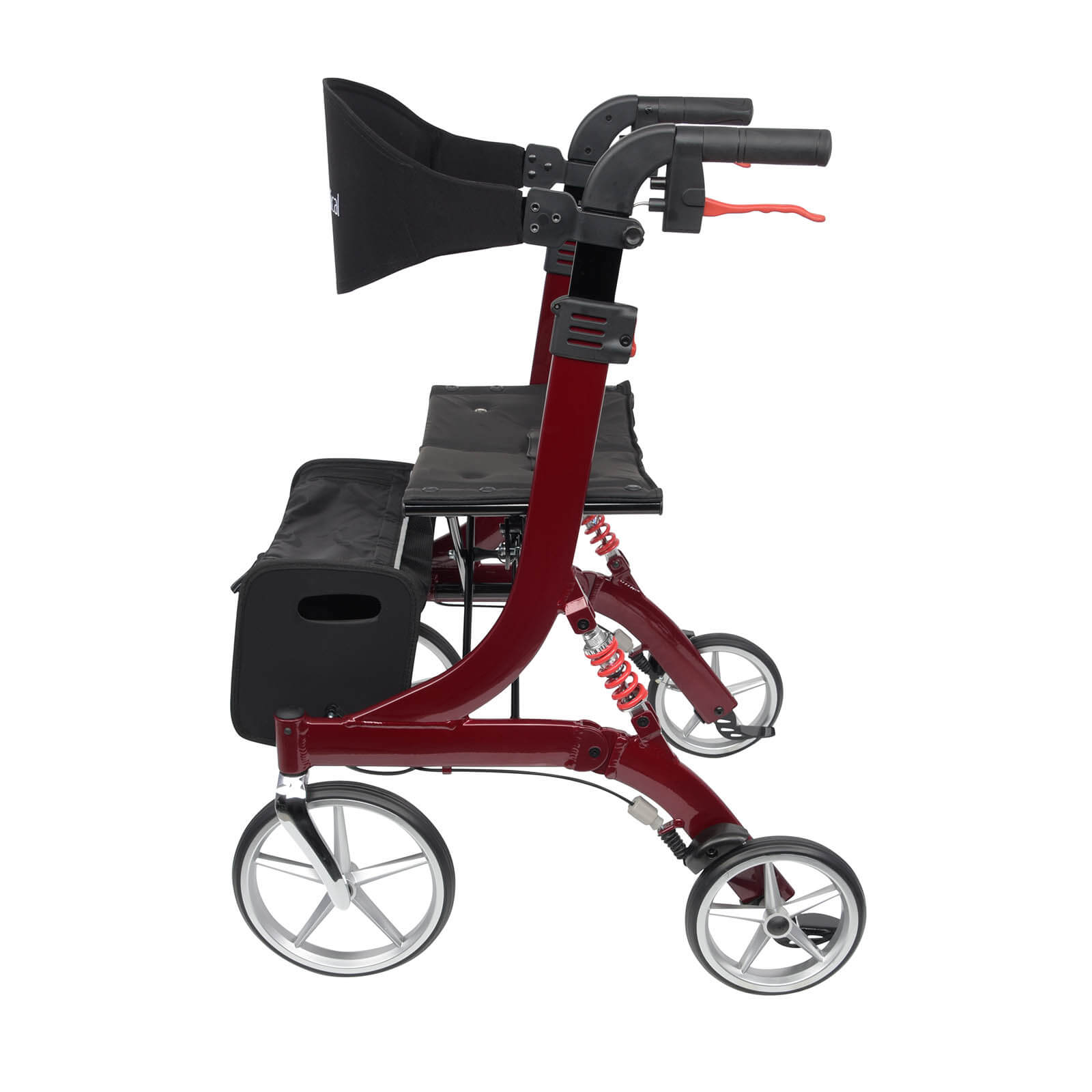 Spring Rollator von Bescomedical, Seitenansicht eines Rollators in der Farbe bordeauxrot mit Rückengurt und Einkaufstasche