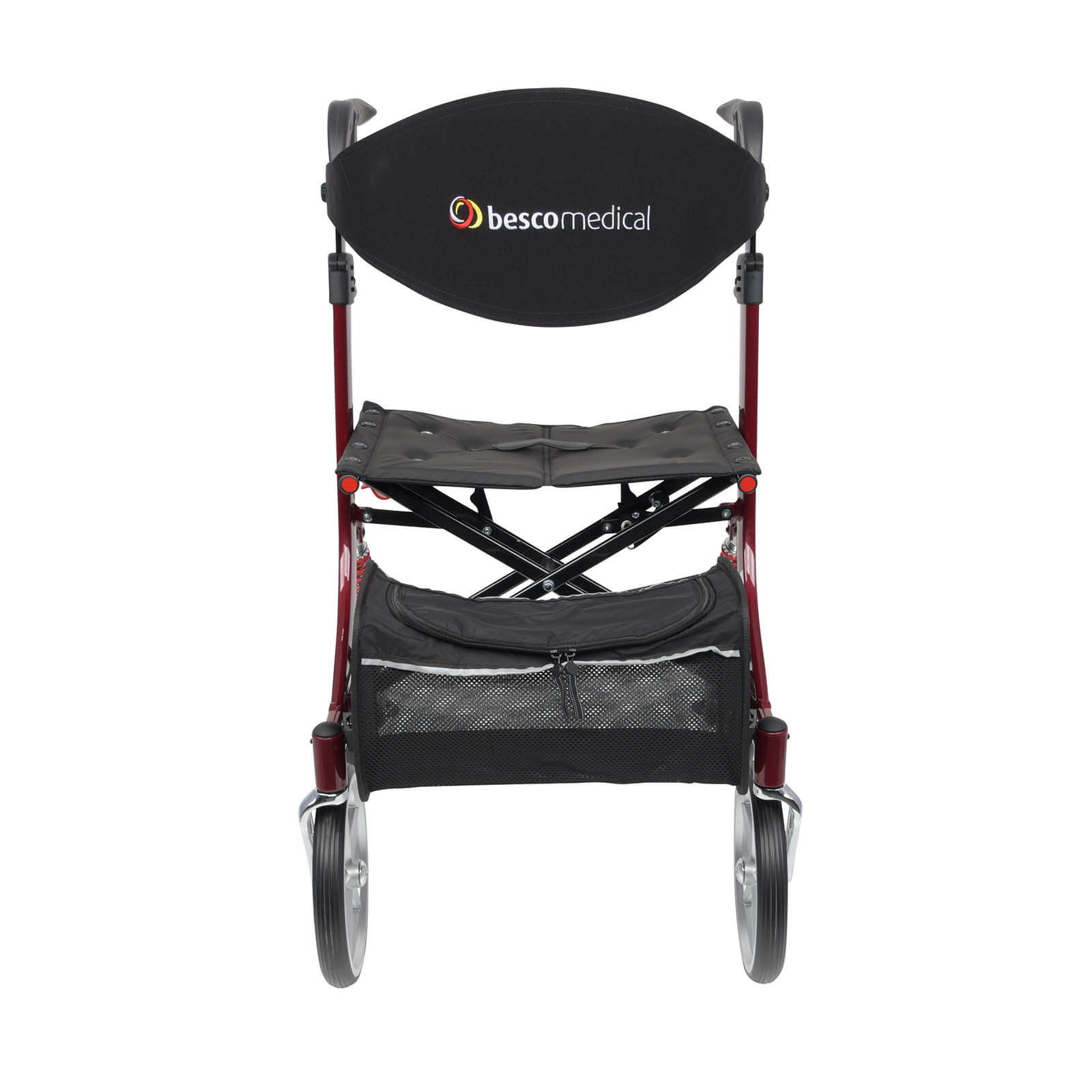 Spring Rollator von Bescomedical, Forderansicht eines Rollators in der Farbe bordeauxrot mit Rückengurt und Einkaufstasche