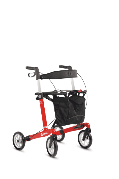 Seitenansicht links, Modell Carlbon von SMINA, Carbon-Rollator, Farbe rot, mit Tasche, Rückengurt und Softbereifung