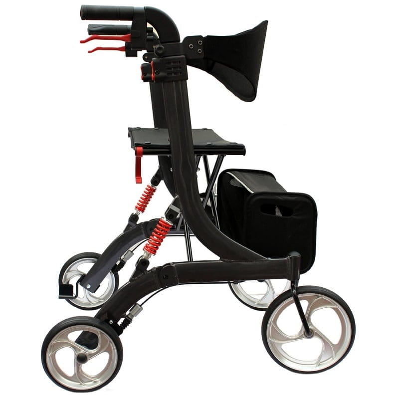 Spring XL Rollator von Bescomedical, Seitenansicht eines Rollators in der Farbe graphitgrau mit Rückengurt und Einkaufstasche