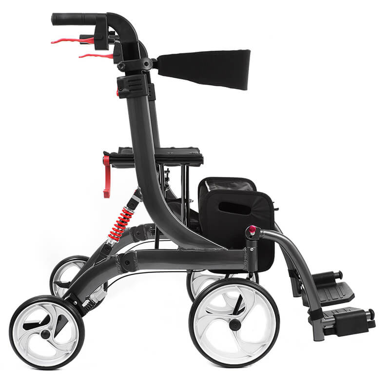 Modell Spring mit Variopaket von Bescomedical, Seitenansicht eines grauen Rollators mit runtergeklappten Fußstützen und Rückengurt