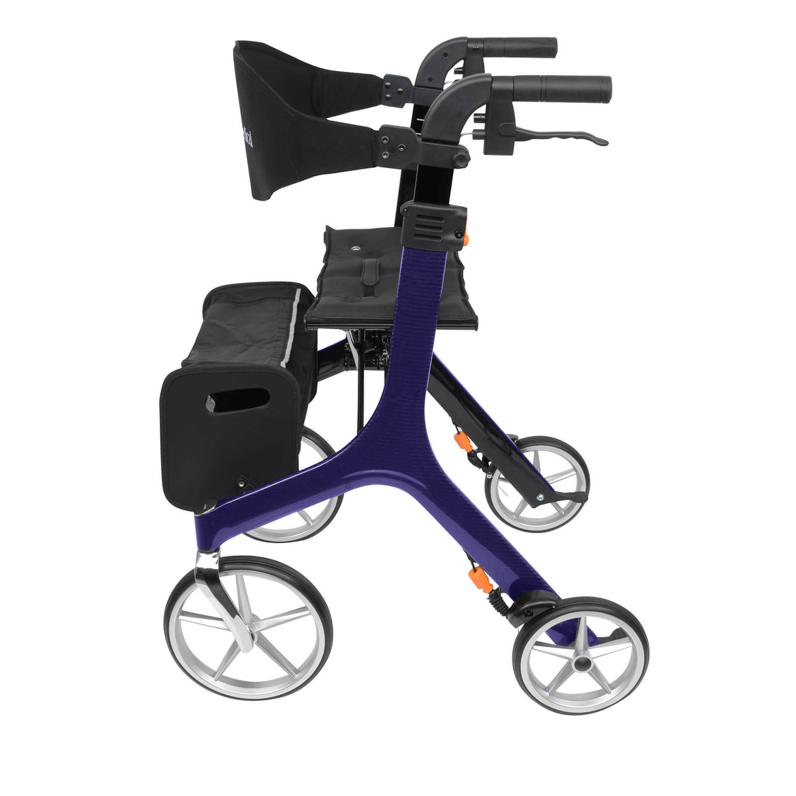 Carbon Rollator von Bescomedical, Seitenansicht eines Rollators in der Farbe Saphirblau mit Rückengurt und Einkaufstasche
