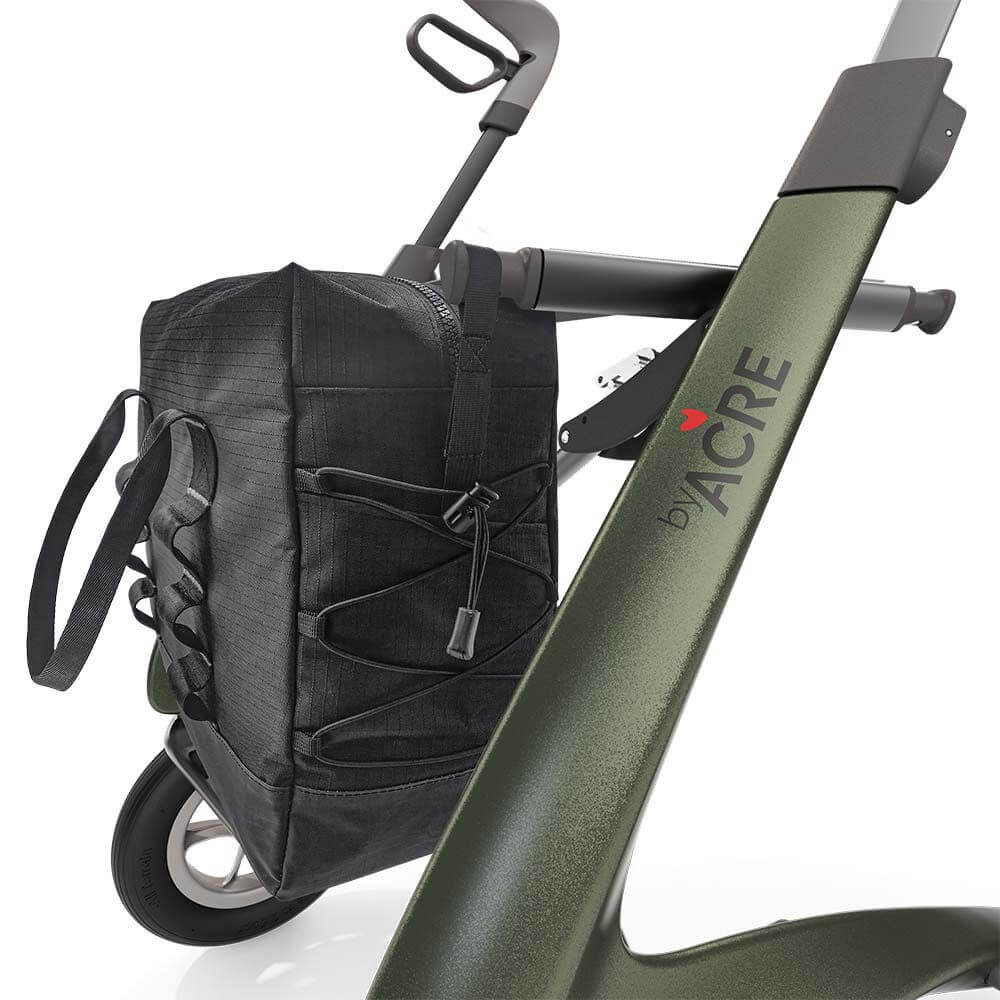 ACRE Rollator Modell Ultralight, Nahaufnahme Seite schwarze Einkaufstasche eines Outdoorrollators in Metallic-Gruen