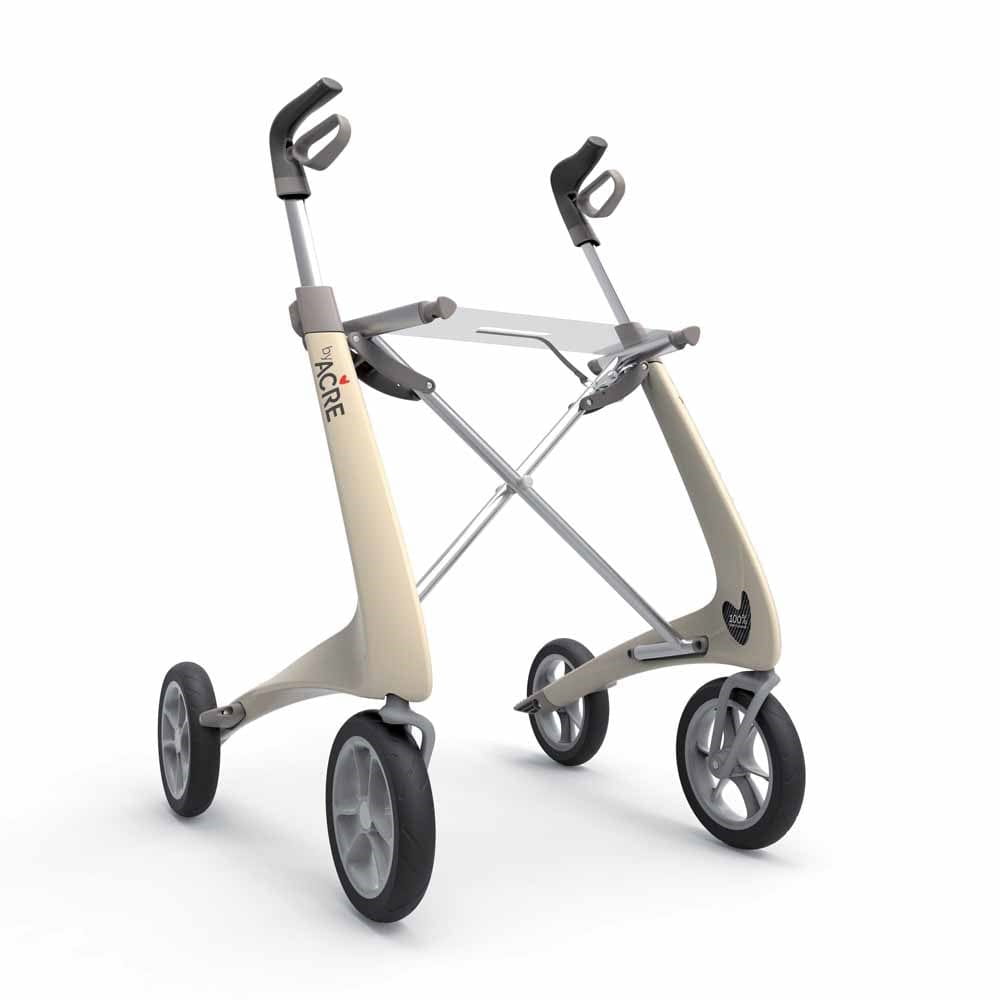 Acre Rollator Modell Ultralight, Front-/Seitenansicht eines Leichtgewichtrollators in der Farbe Perlweiss ohne Tasche