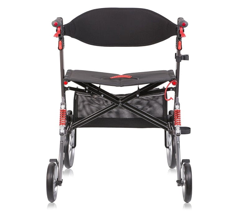 Spring XL Rollator von Bescomedical, Hinteransicht eines Rollators in der Farbe graphitgrau mit Rückengurt und Einkaufstasche