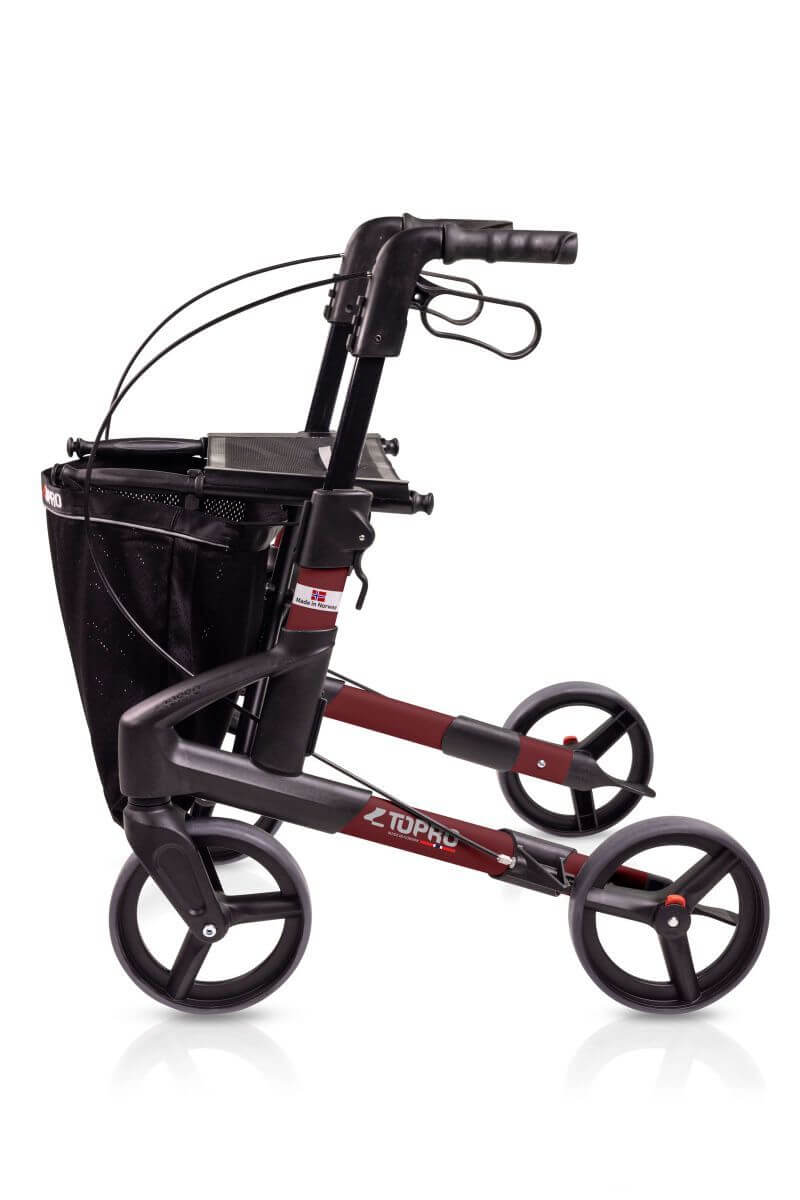 Modell Troja Black Series von Mobio, Seitenansicht eines Rollators in der Farbe Rot mit schwarzer Einkaufstasche
