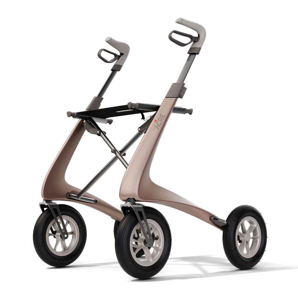 ACRE Rollator Modell Overland, Front-/Seitenansicht eines Outdoorrollators in der Farbe Metallic-Braun