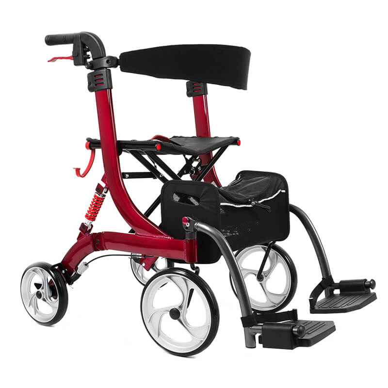Modell Spring mit Variopaket von Bescomedical, Front-/ Seitenansicht eines roten Rollators mit Fußstützen und Rückengurt